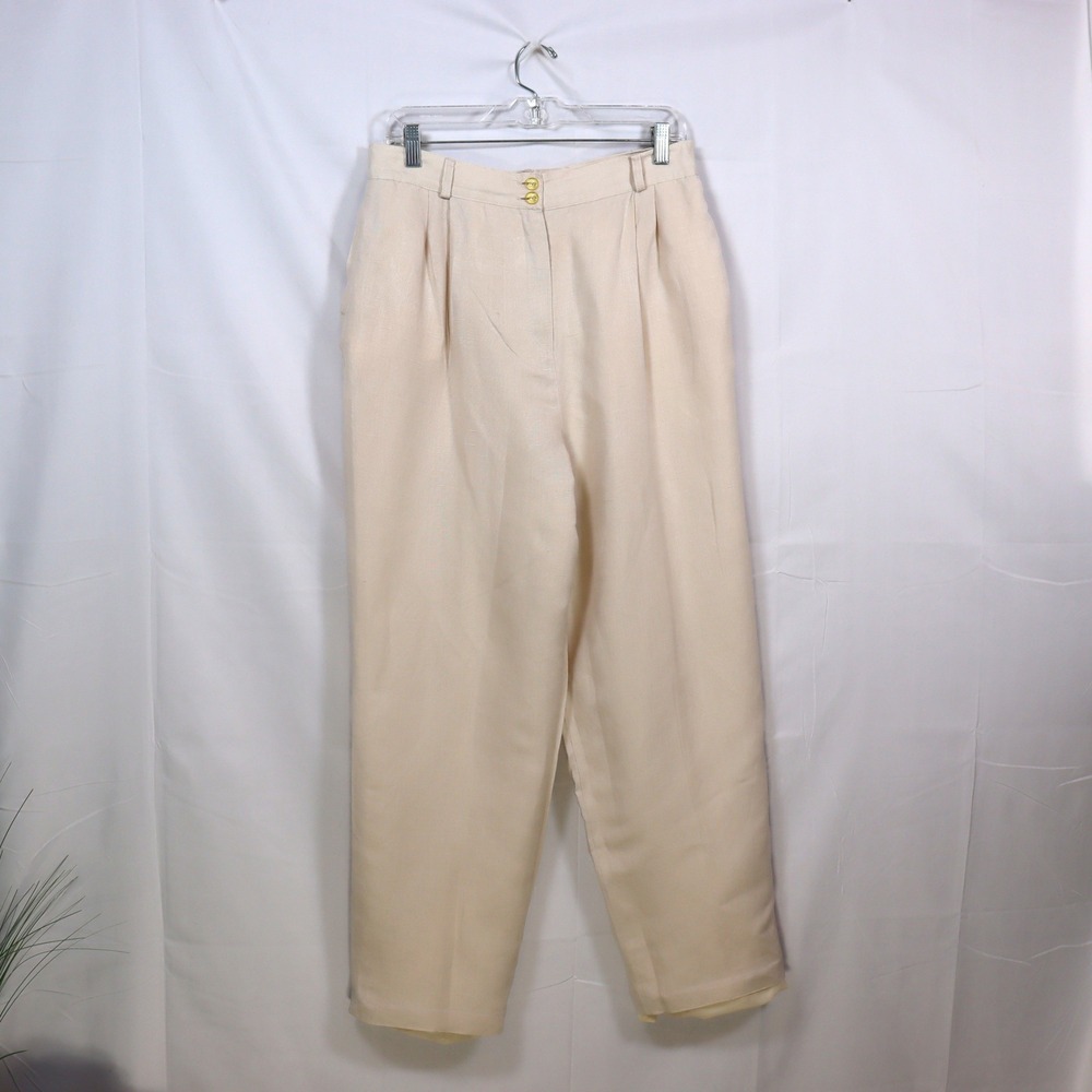 Harve Benard Pleated Trousers 10 Beige Women Old Money Linen Blend